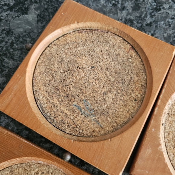 MCM Wood Brass 8 Piece Coaster Storage Box Drawer Style Cork Vintage Drinks Read - Picture 11 of 14
